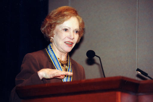 Former first lady Rosalynn Carter opens the annual Rosalynn Carter Symposium on Mental Health Policy in November 2000, when she was awarded the Surgeon General's Medallion for her leadership in the field of mental health. 