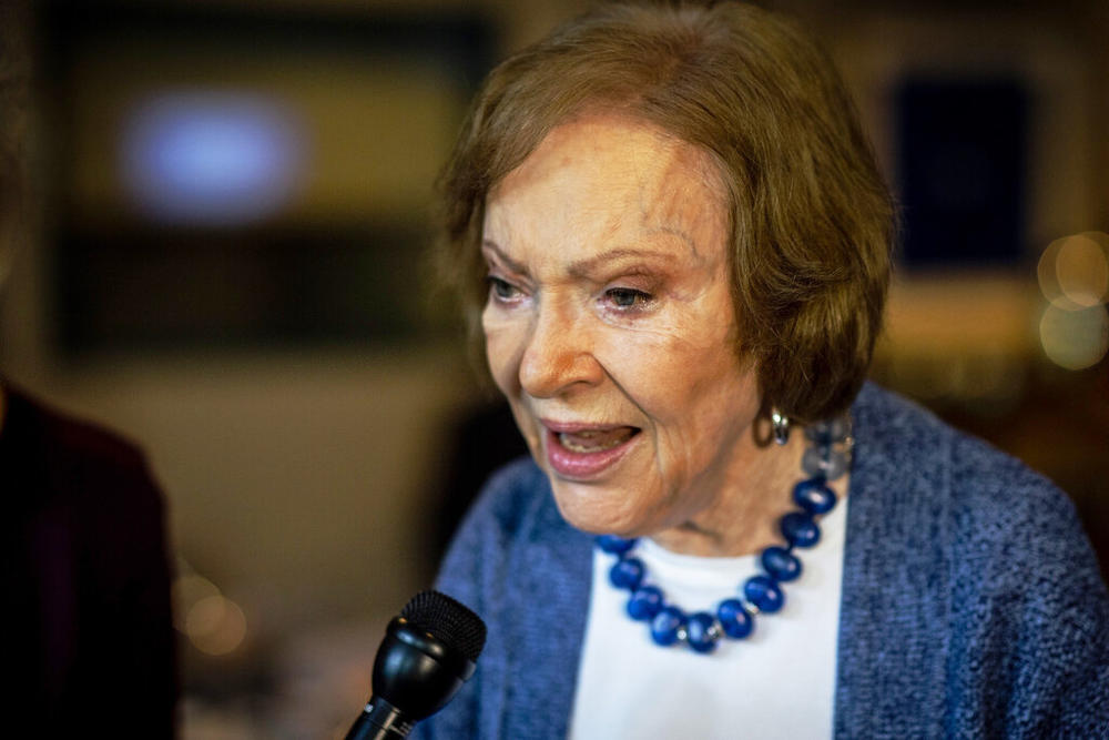 The former first lady Rosalynn Carter speaks to the press at conference at The Carter Center on Tuesday, Nov. 5, 2019, in Atlanta.