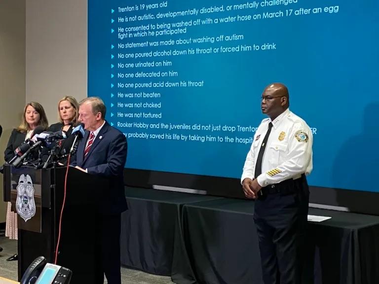 The Brunswick-area district attorney (left) speaks at a press conference on April 17, 2023, with interim Glynn County Police Chief O’Neal Jackson (right) to his side. Credit: Jake Shore/The Current