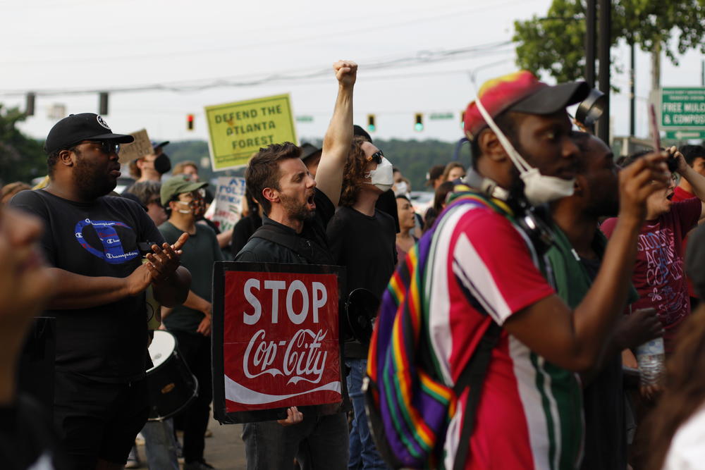 Protesters rally outside the DeKalb County Jail on Wednesday, May 31, 2023.