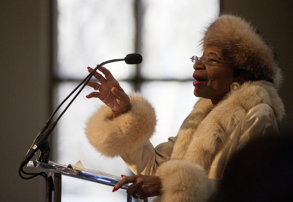 Christine King Farris, sister of the Rev. Martin Luther King Jr. speaks at the King holiday commemorative service at Ebenezer Baptist Church, the church where King preached, Jan. 19, 2015, in Atlanta. Farris, the last living sibling of Martin Luther King Jr., has died Thursday, June 29, 2023, according to her niece, the Rev. Bernice King. 