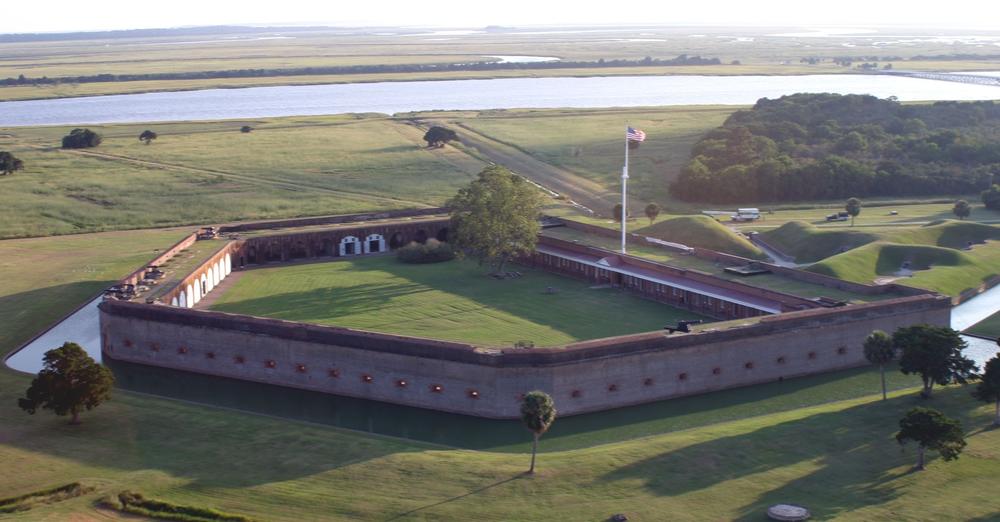 An aerial view of Fort Pulaski National Monument, which sits on Cockspur Island, located between Savannah and Tybee Island at the mouth of the Savannah River. The river's south channel is seen at top.