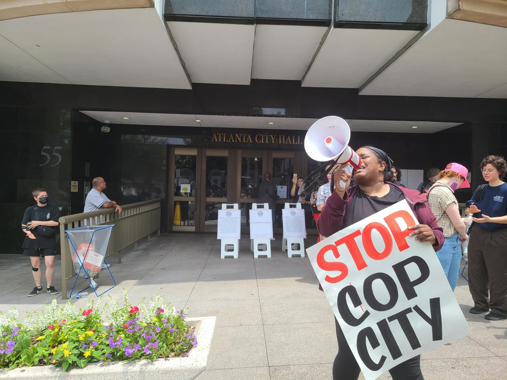 Protesters gathered in front of Atlanta City Hall on June 5, 2023 as Atlanta City Council holds a period of public comment and votes on funding for the proposed police training facility.