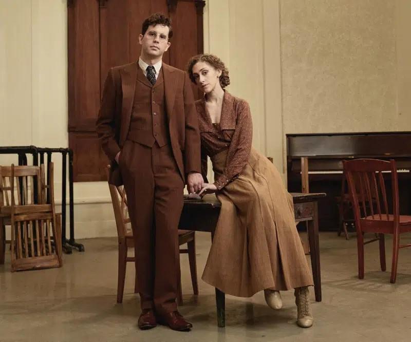 This image released by DKC/O&M shows Ben Platt, left, and Micaela Diamond, in character as Leo and Lucille Frank from the Bro