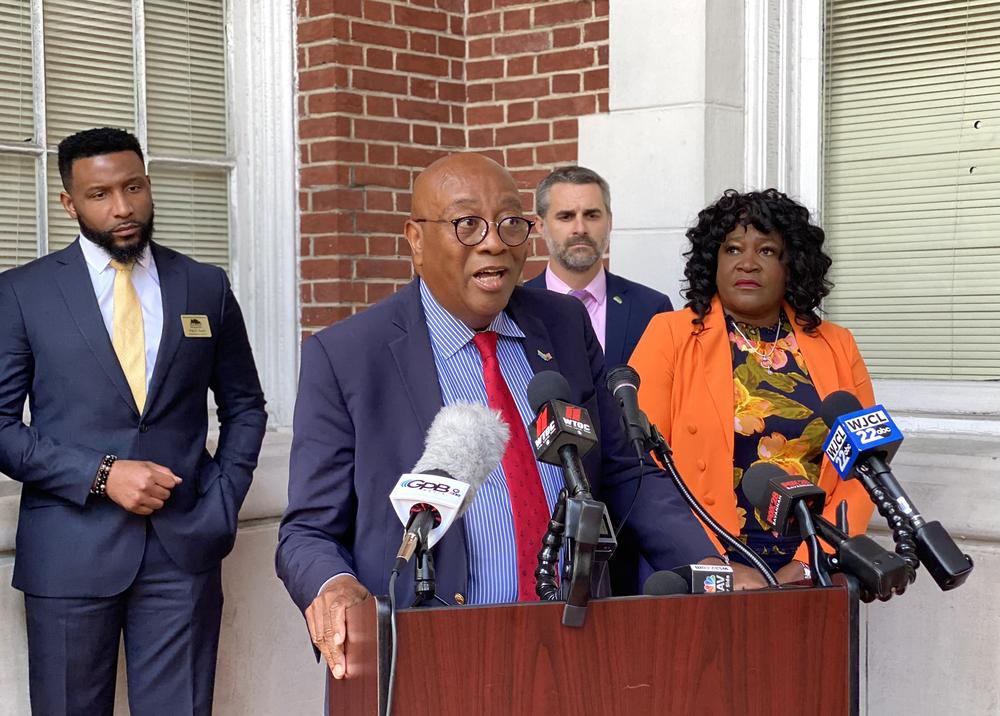 Roger Moss, board president of the Savannah-Chatham County Board of Education, speaks at a press conference outside school district offices in downtown Savannah on May 31, 2023.