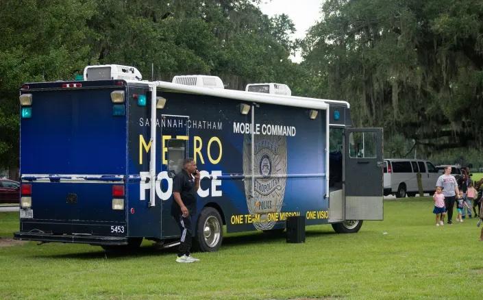 The Savannah-Chatham Metro Police mobile command vehicle parked in Daffin Park at the SPD Back to School Bash. Credit: Jeffery M. Glover/ The Current