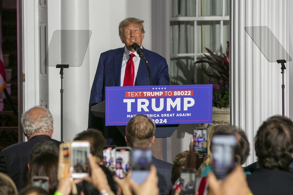 Former U.S. President Donald Trump speaks at his Trump National Golf Club Bedminster on Tuesday, June 13, 2023, in Bedminster, New Jersey. Trump spoke at the golf club after he pleaded not guilty to federal charges alleging he hoarded classified documents detailing sensitive military secrets and schemed to thwart government efforts to get them back.