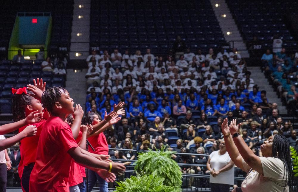 Elementary school students performing for teachers at the Bibb Schools convocation ceremony Tuesday. 