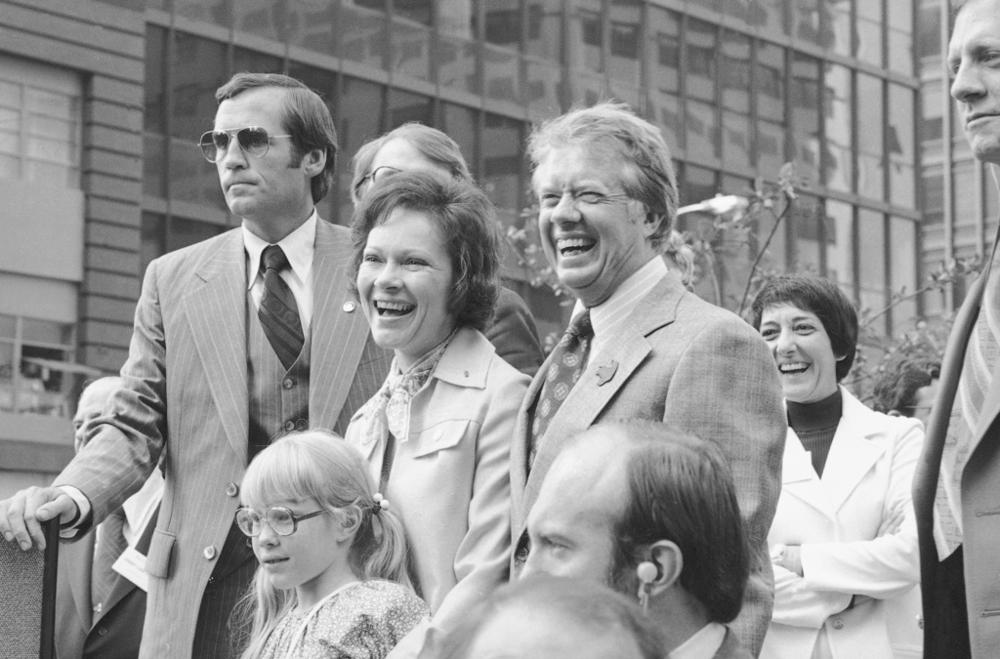 In this July 10, 1976, file photo Jimmy Carter, his wife Rosalynn and daughter Amy, lower left, respond to a huge crowd that welcomed them to New York. Jimmy and Rosalynn are celebrating their 77th wedding anniversary, Friday, July 7, 2023.