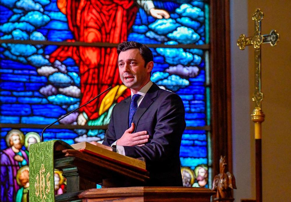 Sen, Jon Ossoff speaks Sunday during “A Service for Unity and Love” at Mulberry Street United Methodist Church. The event was put together after an antisemitic group gathered outside Temple Beth Israel last week. 