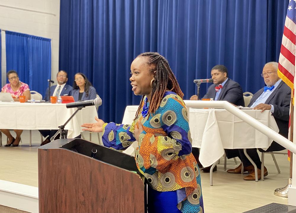 Chatham County District Attorney Shalena Cook Jones speaks during a roundtable discussion of legal issues hosted by the Georgia Legislative Black Caucus at Savannah State University on July 21, 2023.