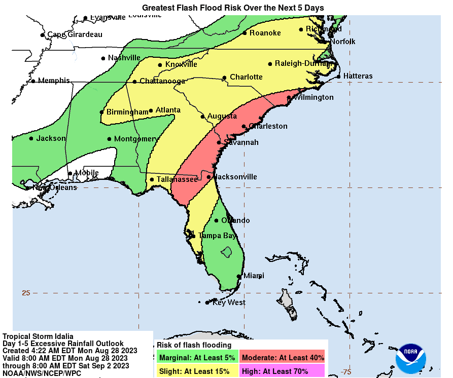 This map shows which areas are at risk for the greatest probability of flooding from storm Idalia. The storm is expected to arrive in Georgia on Aug. 30, 2023.