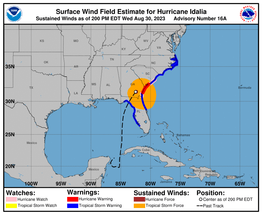 The gold circle in this image depicts the area where tropical storm-force winds were present as of the afternoon of Aug. 30, 2023.