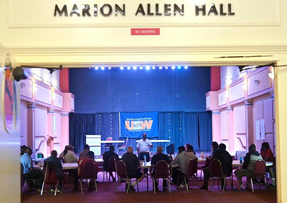 Blue Bird employees fill The Austin Theatre in downtown Fort Valley for a training session for the bargaining committee in June.