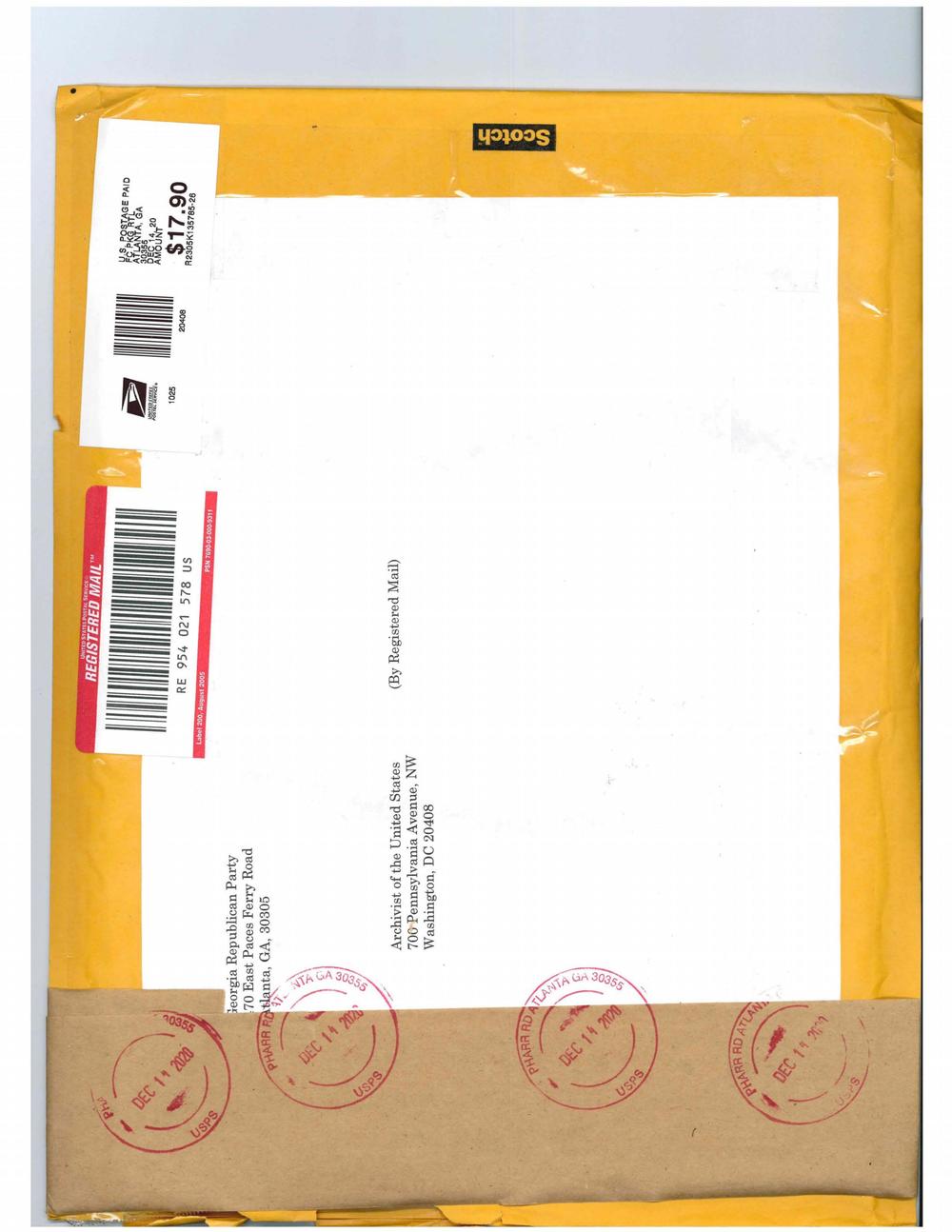 An image of the mailer Georgia Republicans used to submit false elector documents to the National Archives.