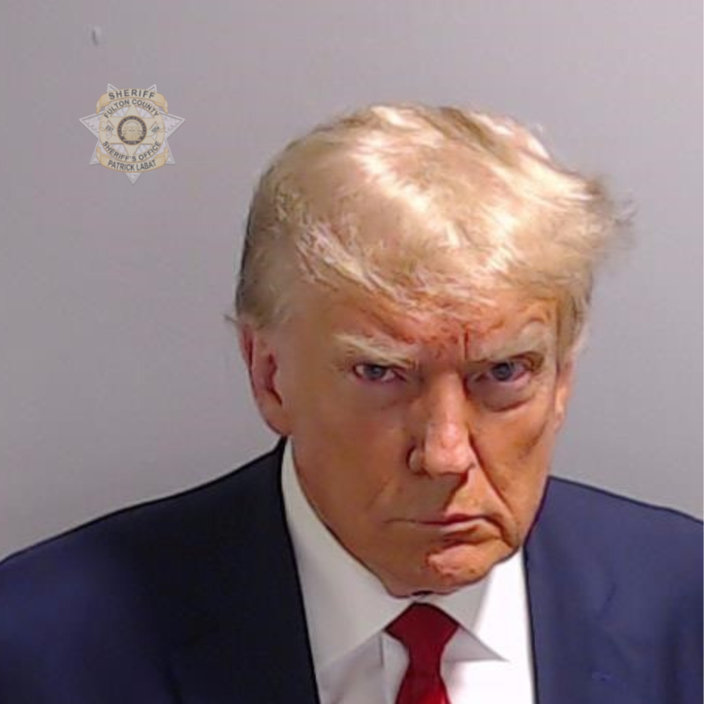 Donald Trump is shown in a mugshot photo.