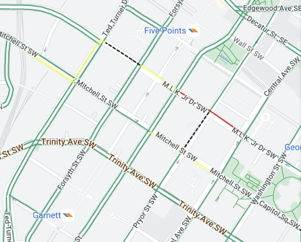 A GDOT map shows road closures in downtown Atlanta on Aug. 7, 2023.