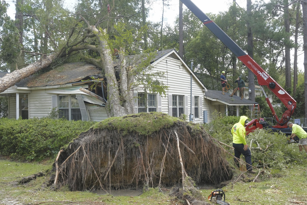 A tree is shown fallen into a house with people working to clean up the debris.