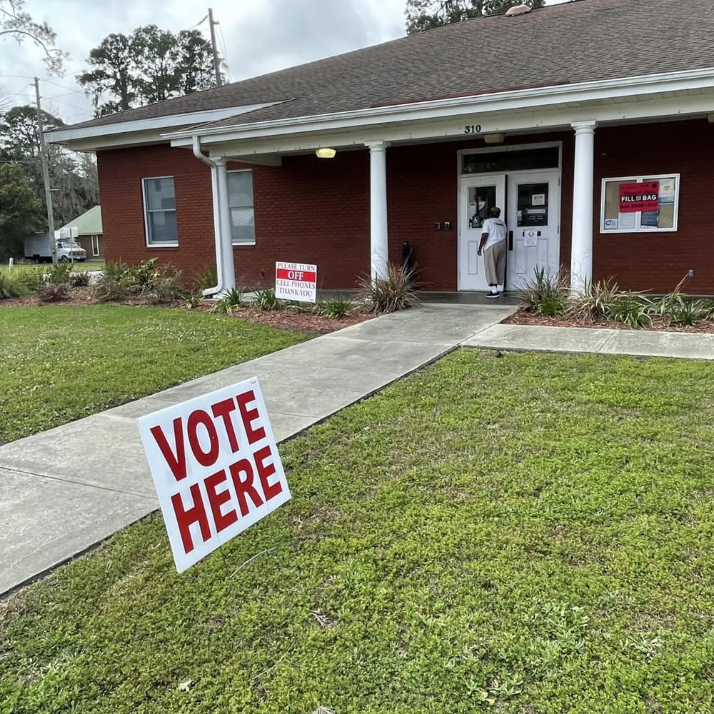 A voter enters the polling place at Woodbine City Hall during the March 8, 2022, referendum on the county land purchase for Spaceport Camden. 