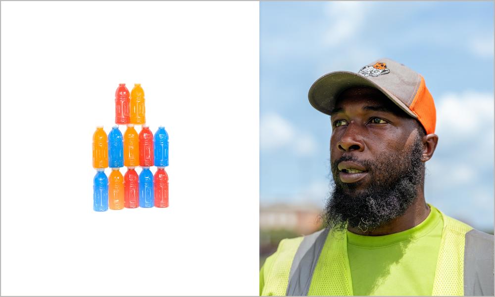 Data from a special sensor and smartphone app suggested landscaper Demetrus McCoy lost the equivalent of 12, 20 oz. bottles of electrolyte sports drink over eight hours of work. 