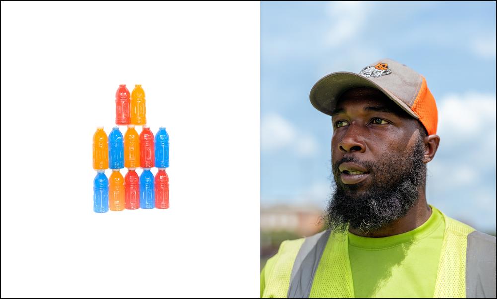 Los datos de un sensor especial y una aplicación de teléfono sugirieron que jardinero Demetrus McCoy perdió el equivalente a doce botellas de 20 onzas de bebida deportiva electrolítica durante ocho horas de trabajo.