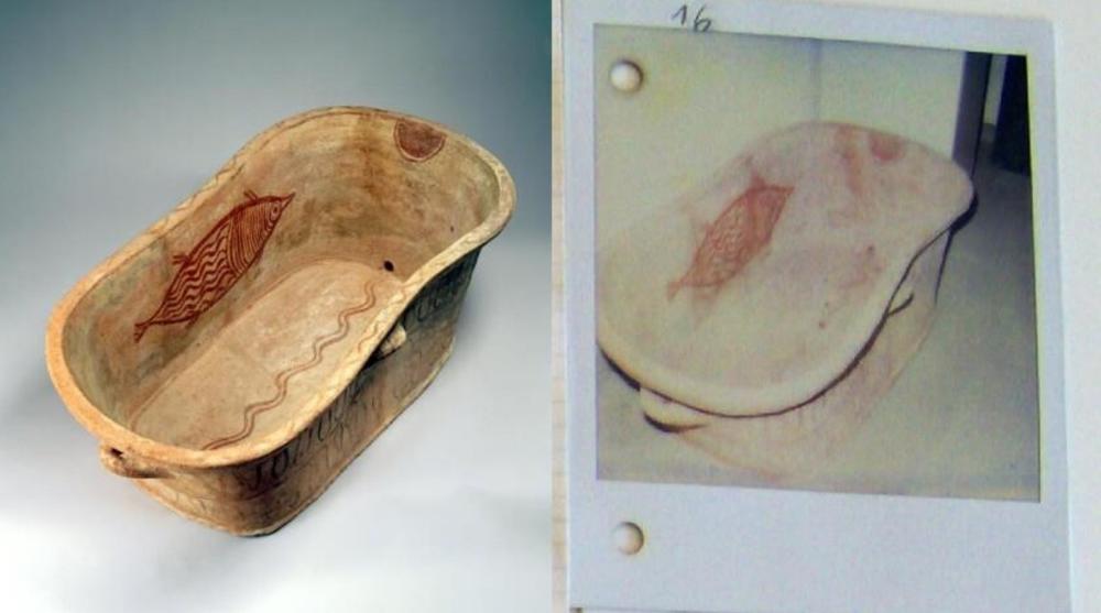 The "Larnax" at the Carlos (left) and a confiscated photo (right) suggesting the funeral tub's link to the illicit antiquities trade.