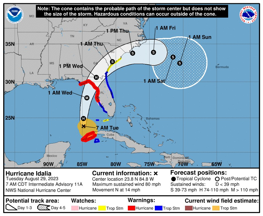 The latest forecast track for Idalia indicates a Tropical Storm warning might be likely for Georgia's coast on Wednesday, Aug. 30. 2023.