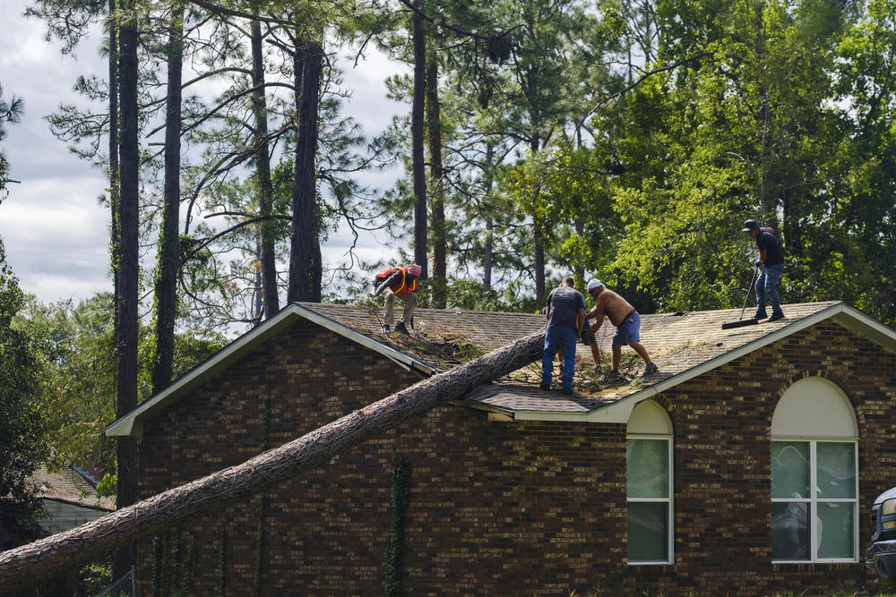A tree crew on the roof of a home on Baytree Road in Valdosta