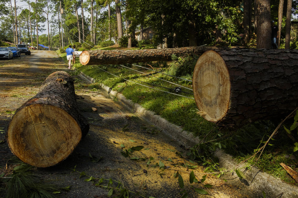 Homeowners navigate cleaning up their debris amidst downed power lines while waiting on utility crews.   