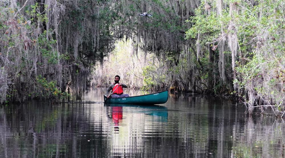 Baratunde Thurston canoeing down the Suwannee River in Georgia.