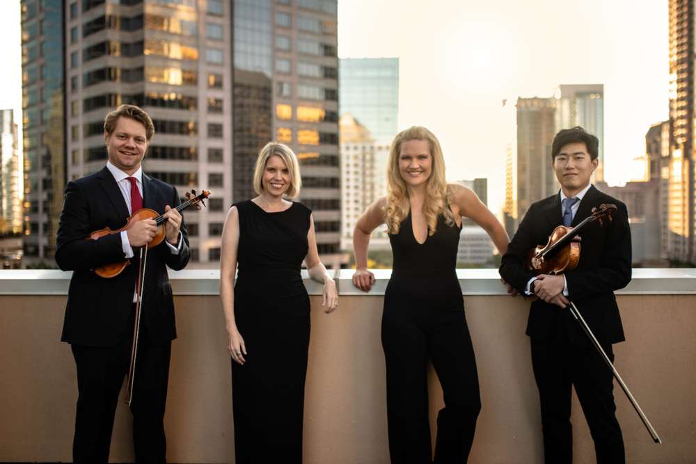 Members of the Georgian Chamber Players. From left to right: violinist David Coucheron, pianist Elizabeth Pridgen, pianist and artistic director Julie Coucheron, and violist Zhenwei Shi.