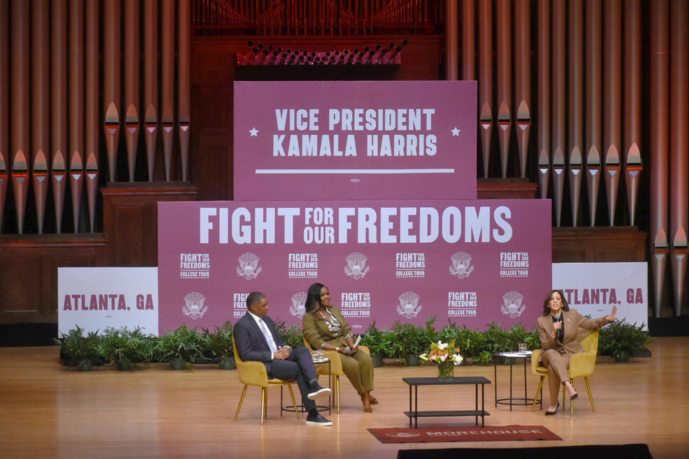 Vice President Kamala Harris, right, participates in a discussion at Morehouse College with journalist Gia Peppers and former White House senior advisor Cedric Richmond. Ross Williams/Georgia Recorder
