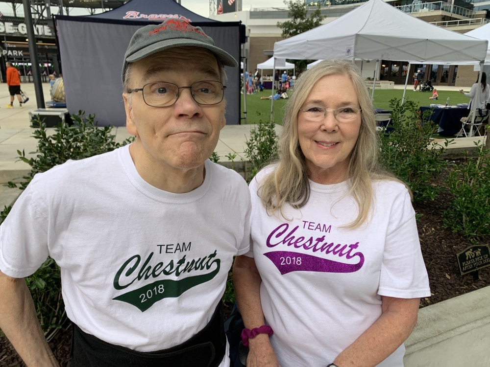 Bill Chestnut lives with Parkinson's disease. His wife Gail (pictured) and their son have brought together two dozen runners to support the 2023 RaceTrac Run for Research at Truist Park in the Atlanta area.