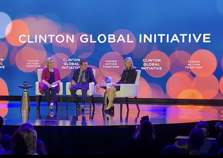 Hillary Clinton discusses Parkinson’s disease breakthroughs with actor Michael J. Fox and Deborah Brooks at the Clinton Global Initiative in New York on Sept. 19, 2023. Fox and Brooks co-founded the Michael J. Fox Foundation in 2000 and Atlanta-based RaceTrac has donated to the foundation since 2011.