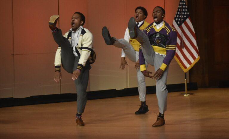 Step dancers entertained the crowd at Morehouse College Thursday as students waited for Vice President Kamala Harris to take the stage. Ross Williams/Georgia Recorder