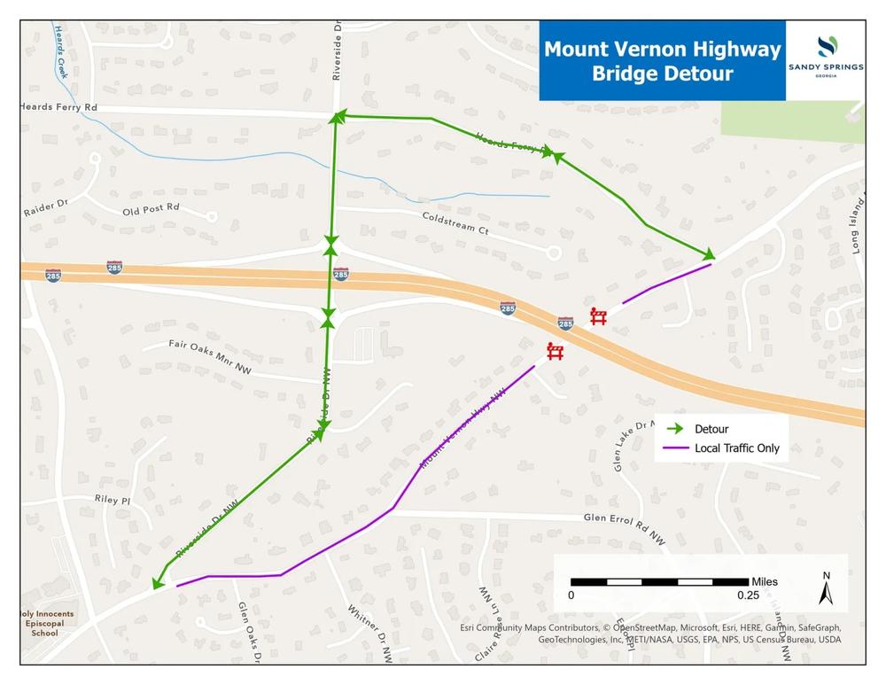 A map of a detour route around a closed bridge