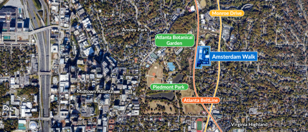 An aerial view shows where Amsterdam Walk is located in relation to the Atlanta BeltLine Eastside trail (unpaved portion), Piedmont Park and the Atlanta Botanical Garden.