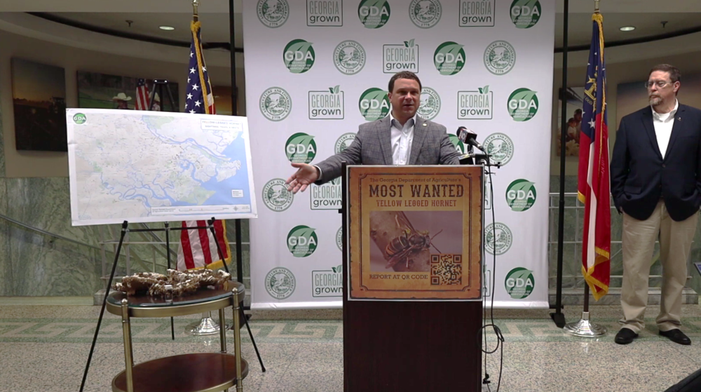 Georgia Agriculture Commissioner Tyler Harper speaks at a Wednesday news conference in Atlanta, standing next to a portion of the second yellow-legged hornet nest and a map of sightings in Chatham County.