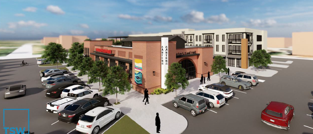 An architectural rendering shows two buildings, one retail and one residential, surrounded by parked cars. The retail building has a sign that says "Carter's Food Hall."