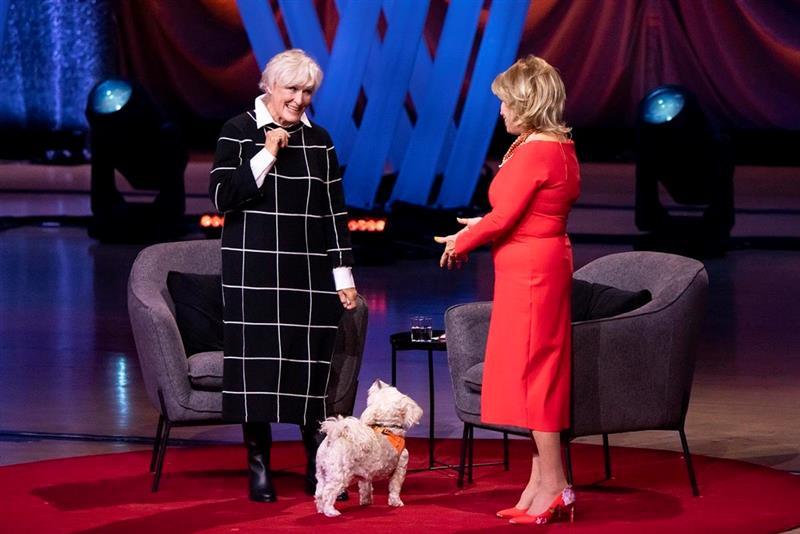 Glenn Close and host Pat Mitchell speak at TEDWomen on Oct. 12, 2023 in Atlanta.
