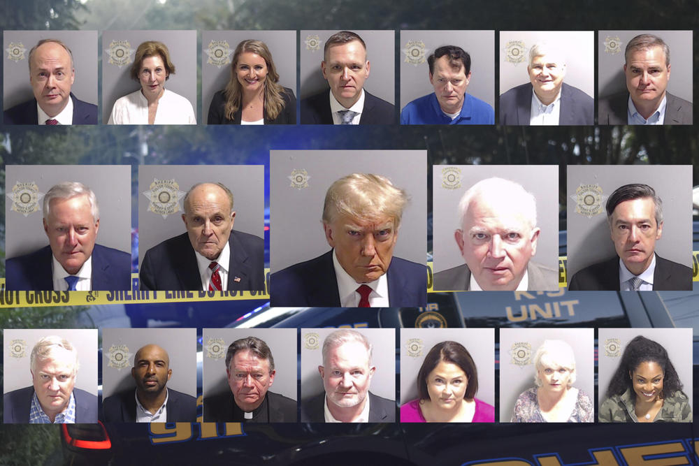  Booking photos from the Fulton County conspiracy case charging Donald Trump and allies with trying to overturn Georgia’s 2020 election results. Top row, from left Jeffrey Clark, Sidney Powell, Jenna Ellis, Michael Roman, Ray Smith, David Shafer, Sen. Shawn Still. Center row, from left, Mark Meadows, Rudy Giuliani, Donald Trump, John Eastman, Kenneth Chesebro. Bottom row from left, Robert Cheeley, Harrison Floyd, Stephen Lee, Scott Hall, Misty Hampton, Cathleen Latham, Trevian Kutti