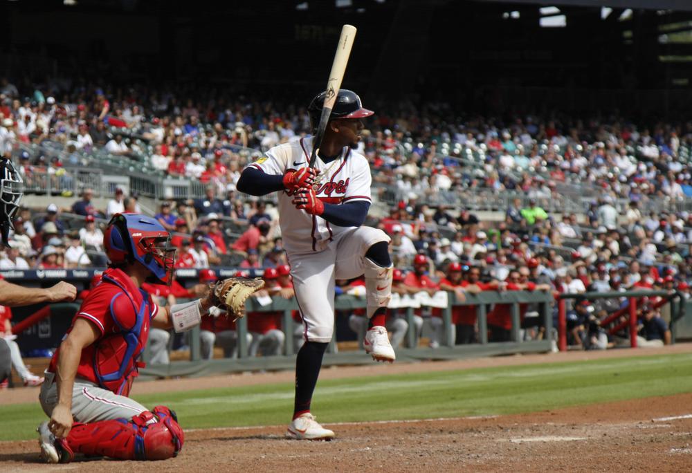 Braves second baseman Ozzie Albies at bat during a game against the Philadelphia Phillies at Truist Park, Sept. 20, 2023.