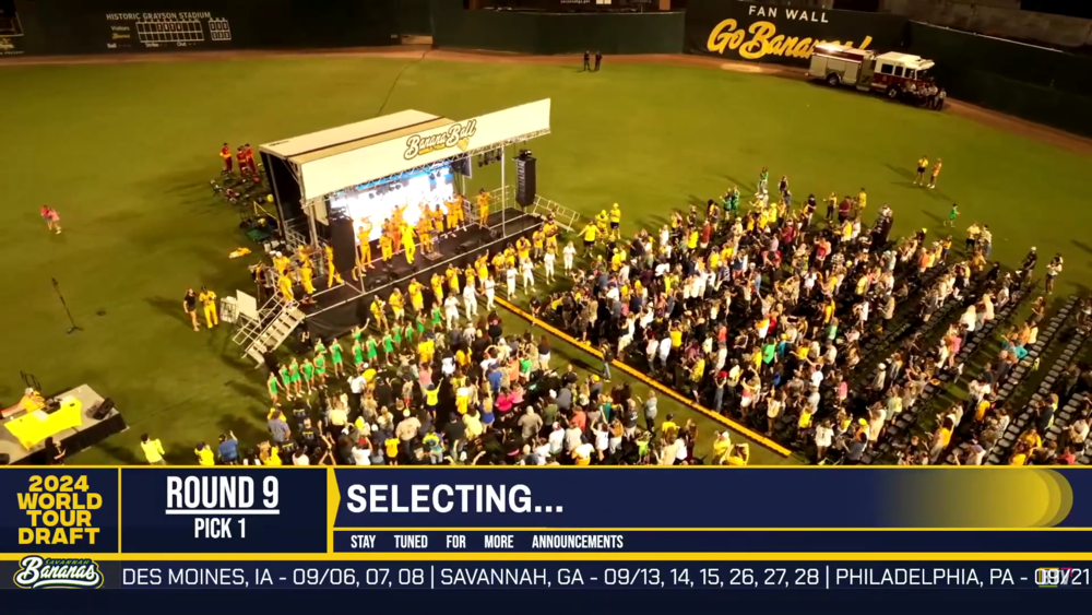 Savannah Bananas fans and players attended a livestreamed schedule reveal show at the team's home ballpark of Grayson Stadium, where the Bananas announced dates and locations for their 2024 nationwide tour.