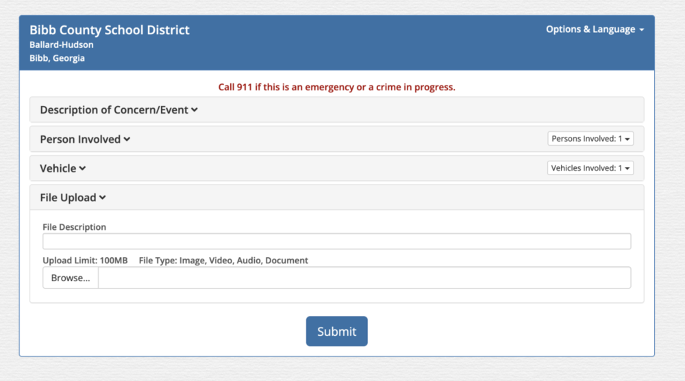A screenshot from Bibb County School District’s new anonymous web portal for tips regarding student safety.