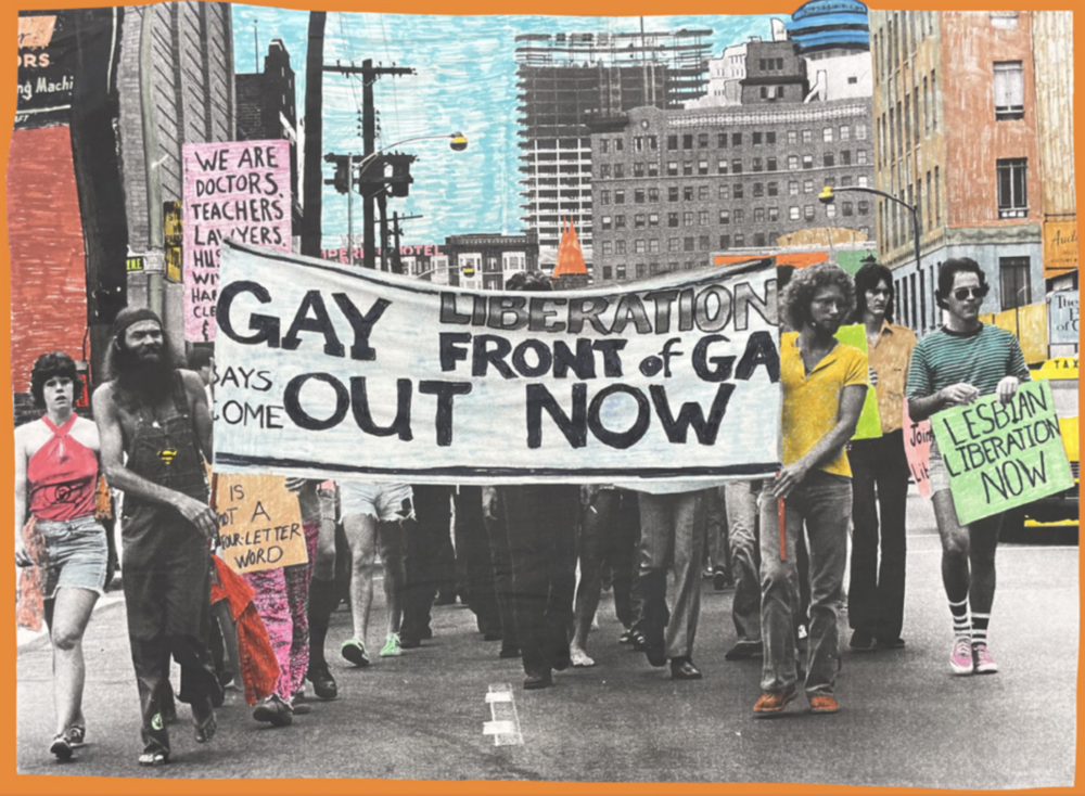 The second Atlanta Pride March, June 25, 1972, from the Atlanta LGBTQ+ Historic Context Statement report. (Source: Edmund Marshall, photographer. Originally published in The Great Speckled Bird newspaper, July 3, 1972. Image hand colored by Stephanie Coffin. Courtesy of WRFG 89.3 FM Atlanta)
