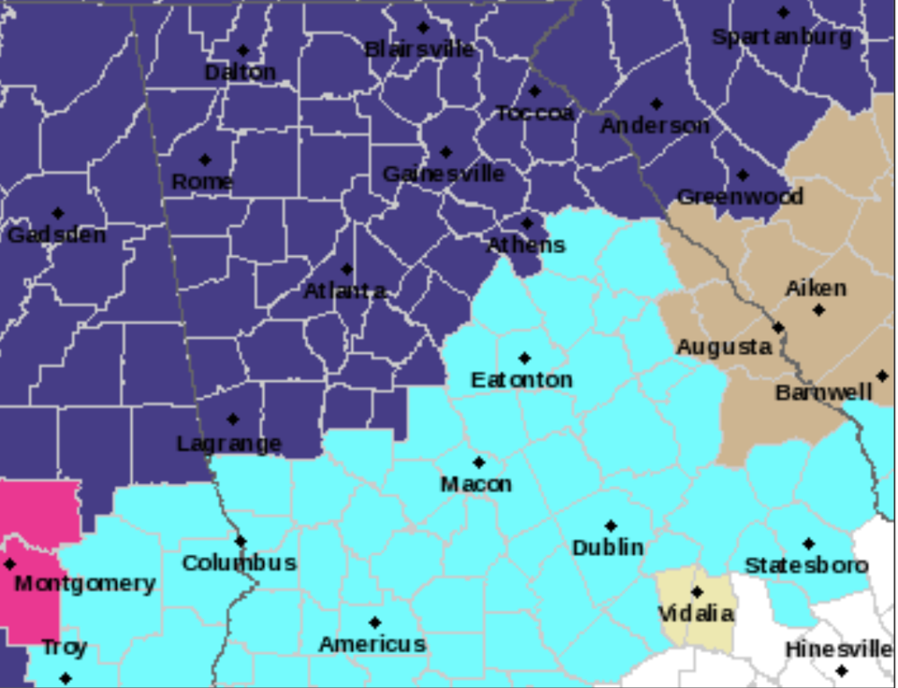 The National Weather Service map of North and Central Georgia shows multiple warnings in the 7-day forecast.