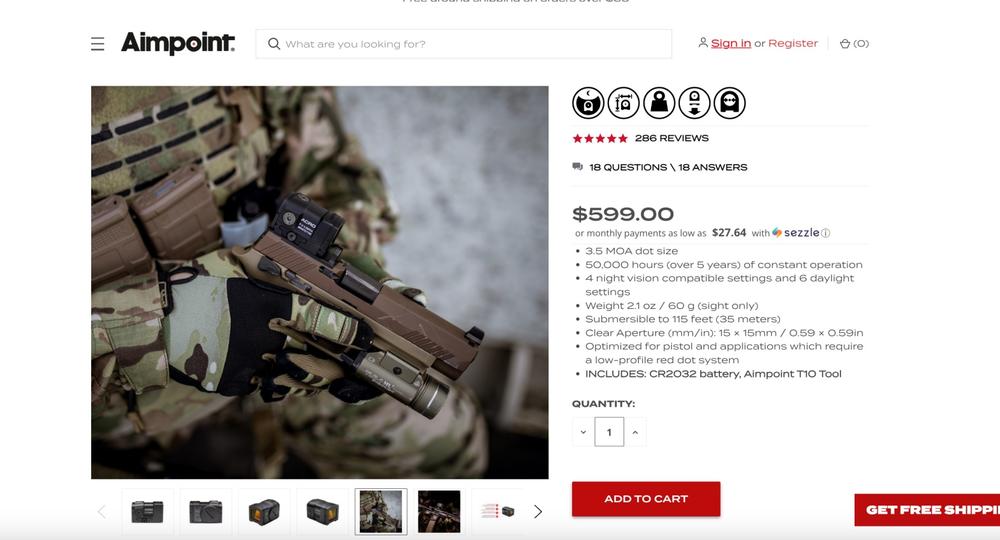 Screenshot of the web page for Aimpoint, the red-dot sight chosen to attach to the police department’s new Smith & Wesson pistols. Credit: Screenshot, Aimpoint.us