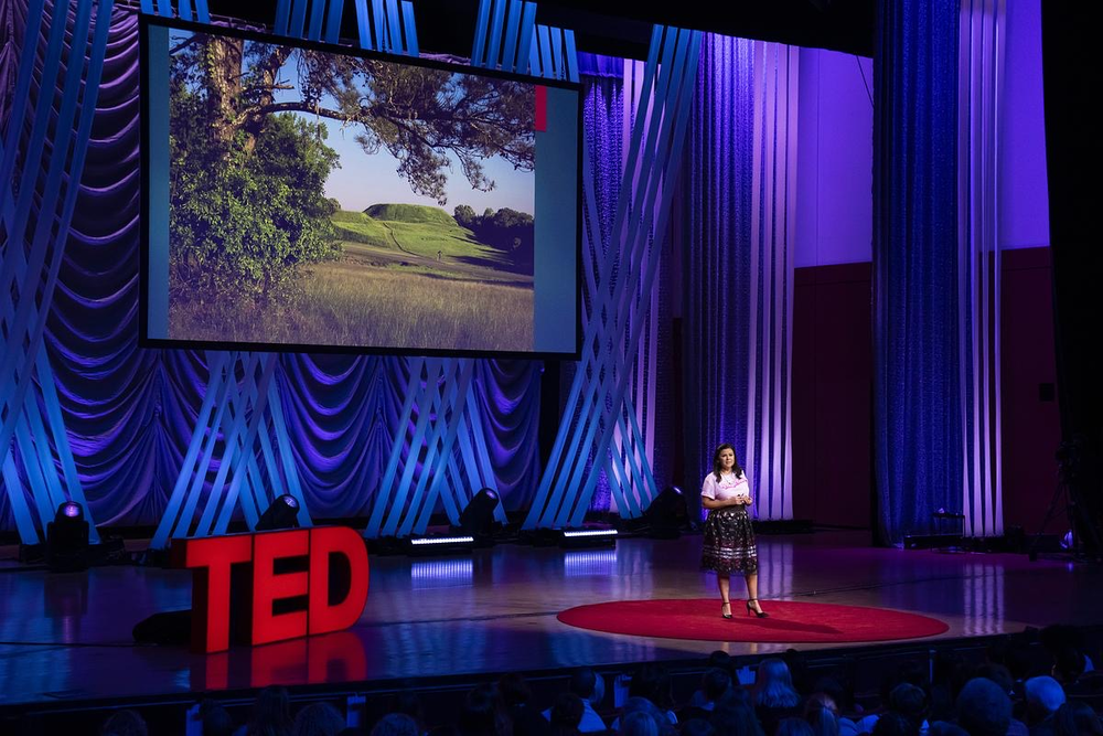 Tracie Revis, Director Of Advocacy at Ocmulgee National Park and Preserve Initiative, speaks at TEDWomen on Oct. 12, 2023 in Atlanta.