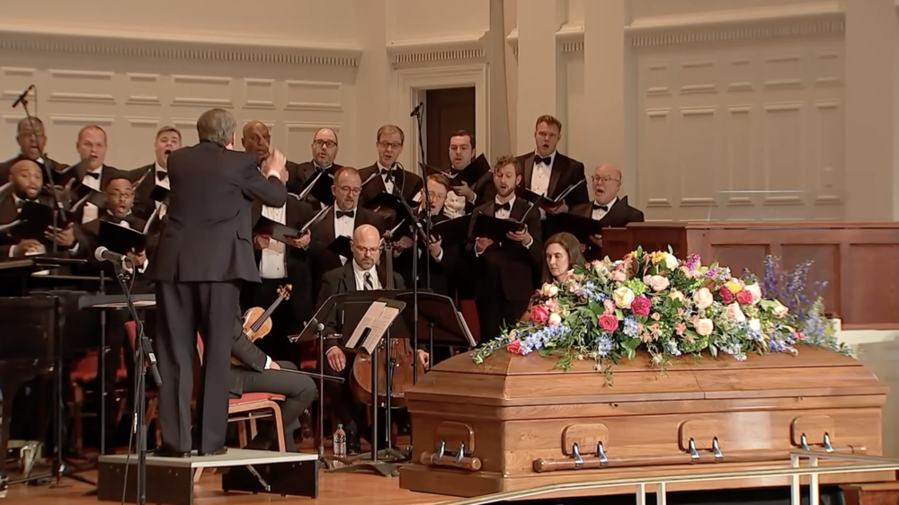 ASO Director of Choruses Norman Mackenzie conducts members of the Atlanta Symphony Orchestra Chamber Chorus at the service honoring Rosalynn Carter at Glenn Memorial United Methodist Church in Atlanta on Nov. 28, 2023.
