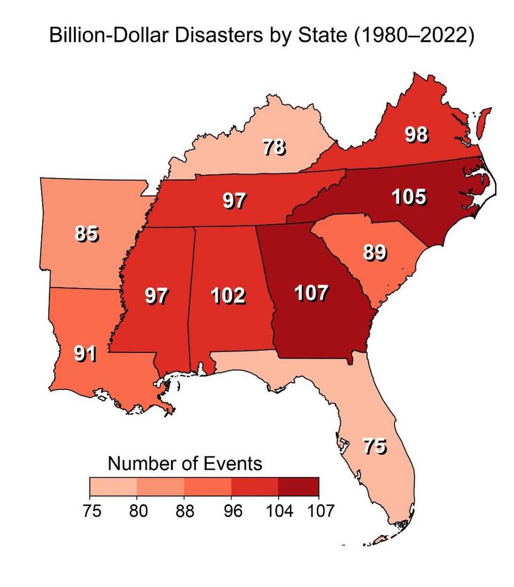 NOAA billion-dollar disasters by state during 1980–2022 in the Southeast. The map adds up billion-dollar events for each state affected. US Global Change Research Group, Fifth National Climate Assessment  Read more at: https://www.ledger-enquirer.com/news/state/georgia/article281937668.html#storylink=cpy